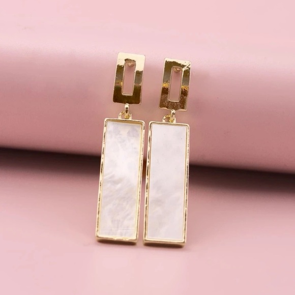 Geometric Rectangular White & Gold Drop Earrings | Minimalist Statement Jewelry - Picture 1 of 16